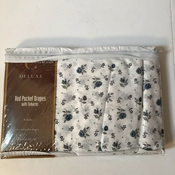 Color Connection Coastal Blue Floral Rod Pocket Drapes Tiebacks 84" x 84" Cotton - Picture 3 of 4